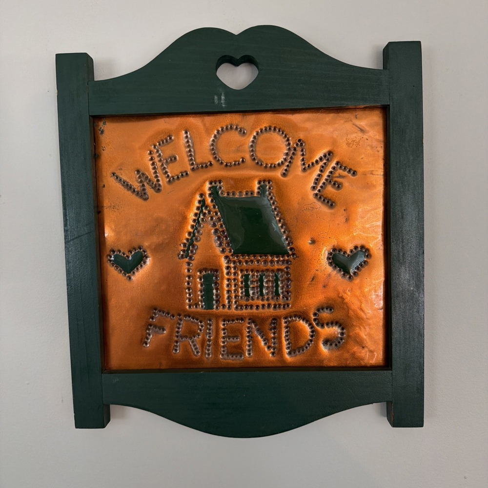 Handmade Tin Punch Welcome Friends Sign Copper Heart Cutout Cottagecore 13x11"